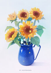  1girl artist_name cat commentary english_commentary flower highres huhv. long_hair mini_person original plant plant_focus silhouette simple_background solo standing sunflower vase white_background white_cat wide_shot yellow_flower 