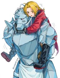  2boys ahoge alphonse_elric apron arm_around_neck armor black_boots black_jacket black_pants blonde_hair blush boots braid brothers carrying coat edward_elric full_armor fullmetal_alchemist furrowed_brow gloves glowing glowing_eyes hand_on_another's_head helmet highres horns jacket long_hair male_focus military_uniform multiple_boys open_mouth pants parted_bangs piggyback plate_armor plume red_coat shoulder_spikes siblings single_braid single_horn spikes sunagimo_0w0 sweatdrop twitter_username waist_apron white_apron white_background white_gloves yellow_eyes 