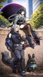  1boy 1girl animal_ears bangboo_(zenless_zone_zero) black_gloves black_hair black_pantyhose cat_ears cat_tail closed_mouth couple full_body gloves hetero highres jane_doe_(zenless_zone_zero) mouse_ears mouse_girl mouse_tail open_mouth outdoors pantyhose rikuroute2025 seth_lowell short_hair sitting smile tail torn_clothes torn_pantyhose tree white_hair zenless_zone_zero 