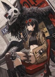  1girl absurdres animal_ears belly boots bottle caution eyewear_on_head food gloves gold_can highres holding holding_food jacket long_hair looking_to_the_side monster original red-tinted_eyewear sitting skull snack sweater thigh_sheath tinted_eyewear 