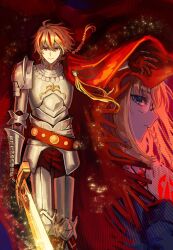  1boy 1girl absurdres ahoge armor baixiang1234567 belt blonde_hair blue_eyes cape chinese_commentary closed_mouth command_spell commentary_request excalibur_(fate/strange_fake) fate/strange_fake fate_(series) floating_hair gauntlets gift_art glasses highres holding holding_sword holding_weapon long_hair looking_at_viewer multicolored_hair profile red_belt red_cape red_eyes red_hair richard_i_(fate) sajou_ayaka_(fate/strange_fake) second-party_source smile streaked_hair sword torn_cape torn_clothes two-tone_hair weapon 