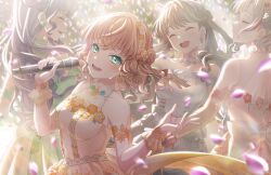  4girls :d ^_^ aqua_eyes bare_shoulders blurry blurry_background bow-shaped_hair breasts brown_hair closed_eyes collarbone dress dress_flower falling_petals flower flower_hairband fujishima_megumi game_cg glowstick green_dress grey_dress hairband hand_up highres hinoshita_kaho holding holding_microphone ima_kako_mirai_no_sangenshoku link!_like!_love_live! long_hair looking_at_viewer love_live! medium_breasts microphone multicolored_hair multiple_girls non-web_source official_art open_mouth orange_flower otomune_kozue penlight_(glowstick) petals pink_dress pink_petals purple_hair red_streaks self-datamine short_hair sleeveless sleeveless_dress smile streaked_hair teeth upper_teeth_only virtual_youtuber white_hair yellow_dress yellow_hairband yugiri_tsuzuri 