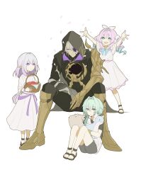  2boys 2girls 3a_ga_wa aged_down anaxa_(honkai:_star_rail) aqua_eyes armor basket black_cloak boots bow castorice_(honkai:_star_rail) child cloak commentary cracked_skin dress drill_hair falling_petals flame_reaver_of_the_deepest_dark full_body gauntlets gradient_hair green_hair highres holding holding_basket holding_stuffed_toy honkai:_star_rail honkai_(series) hyacine_(honkai:_star_rail) multicolored_eyes multicolored_hair multiple_boys multiple_girls petals pink_hair platform_boots pointy_ears purple_hair ribbon robe sandals scroll shorts shoulder_armor single_gauntlet sitting smile stuffed_toy twin_drills two-tone_eyes untranslatable_commentary violet_eyes white_background white_hair 