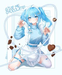  1girl absurdres ahoge apron arahashi_tabi bandaid bandaid_on_face bandaid_on_knee bandaid_on_leg belt blue_belt blue_bow blue_eyes blue_hair blue_jacket bow buckle candy chocolate claw_pose closed_mouth english_text food frilled_apron frills full_body hair_ornament hairclip heart heart-shaped_buckle heart-shaped_chocolate heart-shaped_food highres jacket jersey_maid kneeling long_sleeves maid maid_apron maid_headdress name_tag parallel_hairclips pout single_thighhigh solo stellive thigh-highs thigh_strap track_jacket twintails unconventional_maid valentine virtual_youtuber white_apron white_thighhighs yangcho 