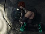 1girl armor ass bent_over dark headband highres iwai_ryou mouth_hold neon_trim science_fiction shoe_soles shoes tunnel wallpaper 