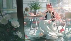  1girl arknights chair chinese_commentary commentary_request demon_horns dress flower folding_chair head_on_hand high_heels highres horns off_shoulder pink_eyes pink_hair sitting smile solo theresa_(arknights) white_dress yuki_sweet_tea 