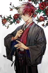  1boy black_hakama black_haori blue_eyes boku_no_hero_academia burn_scar chinese_commentary closed_mouth commentary_request cowboy_shot flower folded_fan folding_fan hair_between_eyes hakama hand_fan haori heterochromia highres holding holding_fan japanese_clothes kimono long_sleeves male_focus multicolored_hair red_eyes red_flower red_hair red_kimono sanpaku scar short_hair solo split-color_hair tian_(my_dear) todoroki_shoto tsurime two-tone_hair white_background white_hair wide_sleeves 