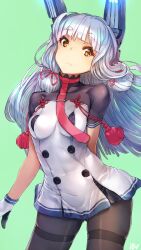  1girl arm_behind_back black_pantyhose blunt_bangs breasts brown_eyes commentary_request dress floating_headgear gloves grey_hair hair_ribbon headgear highres kantai_collection kaw194 long_hair looking_at_viewer medium_breasts murakumo_(kancolle) murakumo_kai_ni_(kancolle) necktie pantyhose red_necktie red_ribbon ribbon short_sleeves signature simple_background solo tassel thighband_pantyhose tress_ribbon 