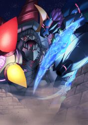  absurdres arm_blade arm_cannon battle claw_(weapon) cyborg digimon digimon_(creature) digimon_beatbreak electricity energy_blade glowing glowing_eyes hasegawa_(hase_popopo) highres lizard monarchlizamon night proganomon purple_hair red_eyes star_(sky) weapon 