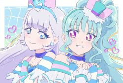  2girls aqua_background aqua_bow aqua_bowtie aqua_hair aqua_hairband aqua_hat arm_warmers bare_shoulders blue_background blue_bow blue_bowtie blue_choker blue_crown blue_eyes blue_hairband blunt_bangs border bow bow_choker bowtie bright_pupils brooch choker choppy_bangs clenched_hand closed_mouth clothing_cutout commentary_request crown crown_earrings cure_lillian cure_nyammy dot_nose dress earrings eyelashes frilled_arm_warmers frilled_headwear frilled_sleeves frills gradient_background grid_background grin hairband hand_on_own_chest happy hat hat_bow heads_together heart heart_brooch high_side_ponytail highres jewelry light_blush light_particles long_hair looking_at_viewer magical_girl mini_crown mini_hat mini_top_hat multiple_girls nekoyashiki_mayu nekoyashiki_yuki outside_border pink_bow pink_eyes precure short_sleeves shoulder_cutout side_ponytail single_stripe smile sparkle sphere_earrings straight_hair striped_bow striped_bowtie striped_clothes top_hat two-tone_background upper_body usiusi_nanas very_long_hair white_arm_warmers white_border white_dress white_hair wonderful_precure! yellow_pupils 