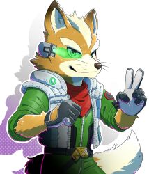  1boy animal_ears bodysuit closed_mouth commentary_request fox_boy fox_ears fox_mccloud fox_tail furry furry_male garakutea green_bodysuit highres looking_at_viewer male_focus neckerchief red_neckerchief scouter smile star_fox tail v vest whiskers white_vest 