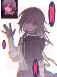  1girl absurdres alternate_eye_color black_gloves black_jacket black_skirt censored censored_text commentary_request cowboy_shot dark_persona drop_shadow evil_smile game_screenshot_inset gloves grey_hair hair_between_eyes hand_up highres honkai:_star_rail honkai_(series) jacket long_hair looking_at_viewer red_eyes reference_inset screenshot_inset shirt simple_background skirt smile solo speech_bubble stelle_(honkai:_star_rail) trailblazer_(honkai:_star_rail) waving white_shirt yanwenzi_00 