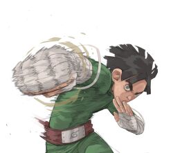  1boy bandaged_hand bandages black_hair bodysuit bruniosktch green_bodysuit highres konohagakure_symbol looking_at_viewer motion_blur naruto_(series) punching rock_lee short_hair simple_background white_background 