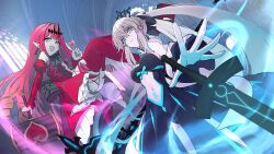  2girls absurdres baobhan_sith_(fate) baobhan_sith_(first_ascension)_(fate) black_bow black_dress black_tiara blue_eyes bow braid dress earrings fate/grand_order fate_(series) hair_between_eyes hair_bow half_up_braid highres jewelry long_hair long_sleeves looking_at_viewer morgan_le_fay_(fate) morgan_le_fay_(third_ascension)_(fate) mother_and_child mother_and_daughter multiple_girls notonaon open_mouth parent_and_child pink_hair ponytail smile spikes stomach_tattoo sword tattoo tiara very_long_hair weapon white_hair 