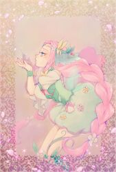  1girl aizen_(syoshiyuki) aqua_eyes bag bag_bow blowing border bow braid bubble_skirt butterfly_hair_ornament choker circlet commentary_request cure_felice dress dress_flower eyelashes fairy fairy_wings flower flower_in_eye forehead from_side full_body gradient_background green_choker green_dress green_shoes green_wings hair_flower hair_ornament hanami_kotoha highres light_blush lipstick long_hair looking_ahead low_twin_braids magical_girl mahou_girls_precure! makeup orange_flower ornate_border outside_border parted_lips petals pink_background pink_bow pink_flower pink_hair pink_lips plant pointy_nose precure shoes short_dress skirt solo symbol_in_eye transparent twin_braids very_long_hair vines waist_bag white_bag white_flower wings 