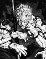  1boy absurdres arm_tattoo black_background chest_tattoo earrings extra_arms extra_eyes extra_mouth extra_pectorals facial_tattoo four_eyes greyscale highres holding holding_polearm holding_weapon jewelry jujutsu_kaisen looking_at_viewer monochrome muscular muscular_male open_mouth otataru0806 planted planted_polearm polearm ryoumen_sukuna_(jujutsu_kaisen) ryoumen_sukuna_(true_form)_(jujutsu_kaisen) short_hair shoulder_tattoo solo spiky_hair stomach_mouth tattoo veins veiny_arms weapon wrist_tattoo 