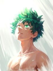  1boy adam's_apple bebe_ktdk92966 boku_no_hero_academia collarbone freckles green_eyes green_hair highres looking_up male_focus midoriya_izuku nude parted_lips pectoral_cleavage pectorals solo teeth toned toned_male upper_body 