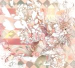  argyle argyle_background dress embellished_costume frills hair_over_one_eye headphones heterochromia lace lace-trimmed_thighhighs long_hair open_mouth original pink pink_hair plastick ribbon solo thigh-highs thighhighs 