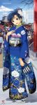  andou_chikanori bag blue_hair brown_eyes highres idolmaster japanese_clothes kimono kisaragi_chihaya long_hair purse shrine smile snow solo torii tree 