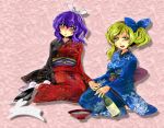  bad_id blonde_hair blush bottle bow bunny green_eyes hair_bow hair_ornament japanese_clothes kimono multiple_girls obi open_mouth purple_hair sakazuki sake seiza siblings sisters sitting smile takeko touhou watatsuki_no_toyohime watatsuki_no_yorihime 