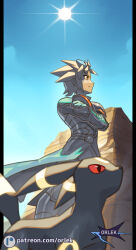  1boy artist_name blonde_hair closed_mouth coat commentary crossed_arms day from_below gloves male_focus orlek outdoors patreon_logo pokemon pokemon_(creature) pokemon_colosseum short_hair sky spiky_hair standing sun umbreon watermark web_address wes_(pokemon) 