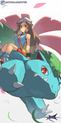  1girl artist_name brown_eyes brown_hair commentary eyelashes from_below grin hair_flaps hat leaf_(pokemon) long_hair loose_socks orlek patreon_logo pokemon pokemon_(creature) pokemon_frlg riding riding_pokemon shirt shoes sidelocks sitting skirt sleeveless sleeveless_shirt smile socks teeth venusaur vs_seeker web_address white_background wristband yellow_bag 