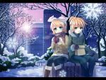  blonde_hair earmuffs green_eyes kagamine_len kagamine_rin ribbon snowflake twins vocaloid winter 