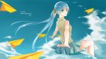  bad_id blue_eyes blue_hair cloud clouds hatsune_miku kebei long_hair looking_back paper_airplane sitting skirt sky solo twintails vocaloid 