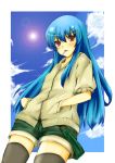  alternate_costume blue_hair casual contemporary hands_in_pockets hinanawi_tenshi long_hair oktbatch red_eyes shorts solo thigh-highs thighhighs touhou 