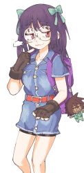  1girl :3 alternate_costume backpack bag belt black_gloves blue_dress bow closed_mouth collared_dress commentary dress english_commentary fingerless_gloves glasses gloves green_bow hair_bow hair_down highres inkerton-kun long_hair multiple_hair_bows purple_bag purple_hair red_eyes round_eyewear shin_subarashiki_kono_sekai short_dress simple_background smile solo standing subarashiki_kono_sekai usui_nagi white_background 