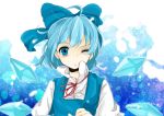  absurdres ahoge bad_id blue_eyes blue_hair bow cirno hair_bow hanonin highres short_hair solo touhou wince wings wink 