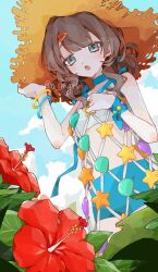  1girl :o blue_bow blue_choker blue_eyes blue_shorts blue_sky bow bracelet brown_hair brown_hat choker clouds cowboy_shot day dress fishnet_dress flower from_below hand_on_headwear hands_up hat hibiscus highres jewelry leaf looking_at_viewer marcus_(on_the_white_sand)_(reverse:1999) marcus_(reverse:1999) o_mgr6 official_alternate_costume outdoors red_flower reverse:1999 shell shorts sky sleeveless sleeveless_dress solo starfish strapless straw_hat tube_top twitter_username very_low_bun white_tube_top wrist_bow 