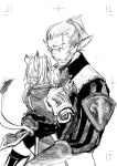  animal_ears beard blush cat_ears doraeshi elf elvaan facial_hair final_fantasy final_fantasy_xi height_difference mithra monochrome pointy_ears size_difference smile tail white_hair 