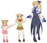  age_comparison artist_request blush bodysuit bow child green_eyes hair_ribbon heterochromia holding_hands long_hair lyrical_nanoha mahou_shoujo_lyrical_nanoha mahou_shoujo_lyrical_nanoha_strikers mahou_shoujo_lyrical_nanoha_vivid red_eyes ribbon school_uniform side_ponytail skirt smile source_request time_paradox vivio 