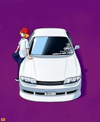  1girl absurdres artist_name baseball_cap black_shoes blue_pants brown_eyes car duz english_commentary furuda_keiko_(duz) hair_behind_ear hat highres motor_vehicle nismo nissan nissan_skyline nissan_skyline_r33 open_mouth orange_hair original pants purple_background red_hat shirt shoes short_hair smile sneakers solo vehicle_focus web_address white_car white_shirt 