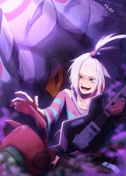  1girl :d absurdres bass_guitar blue_eyes commentary_request freckles furrowed_brow hair_bobbles hair_ornament highres holding holding_instrument instrument lower_teeth_only open_mouth paa._(papuki72) pokemon pokemon_(creature) pokemon_bw2 purple_shirt roxie_(pokemon) shirt smile striped_clothes striped_shirt teeth topknot two-tone_shirt venipede watermark whirlipede white_hair 