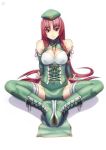  bare_shoulders beret boots braid butterfly_sitting cleavage_cutout corset cross-laced_footwear detached_sleeves hat hong_meiling indian_style lace-up_boots long_hair raybar red_eyes red_hair redhead sitting solo thighhighs touhou twin_braids 