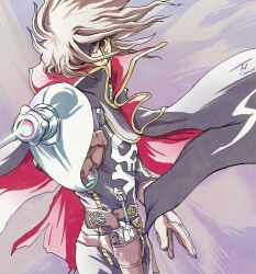  1boy belt black_cape brown_belt brown_eyes brown_gloves brown_hair cape energy_gun eyepatch floating_hair gloves gun harlock harlock_saga highres holding holding_gun holding_weapon holstered kujira_gunsou long_hair looking_at_viewer male_focus one_eye_covered scar scar_on_face skull_and_crossbones solo weapon 