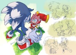  1boy 1girl alternate_costume amy_rose animal_ears animal_nose blue_fur bracelet claws dress flower full_body furry furry_female furry_male gloves gold_bracelet green_eyes hedgehog_boy hedgehog_girl highres hood hoodie jewelry konjiki_ringo looking_at_another multiple_views open_mouth pink_fur pink_hair red_dress red_hoodie red_shoes shoes short_tail simple_background sonic_(series) sonic_the_hedgehog sonic_the_werehog sonic_unleashed standing tail toy_hammer white_background white_flower white_gloves 