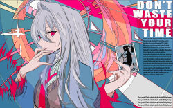  1girl absurdres alternate_costume angelfish arknights card cardigan colorful_background english_text fingernails fish hair_between_eyes hair_intakes hand_on_own_face highres holding holding_card ligne_claire long_hair looking_at_viewer necktie open_cardigan open_clothes pink_nails red_eyes school_uniform shirt skadi_(arknights) sweater sxxr7352 tarot tarot_card three_quarter_view tropical_fish white_hair white_shirt 