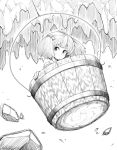 1girl bucket child face girl_in_bucket hair_bobbles hair_ornament harusame_(unmei_no_ikasumi) in_bucket in_container kisume monochrome rock short_hair solo touhou twintails 