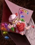  ascot blonde_hair clock clock_tower flandre_scarlet from_above hat highres mary_janes ponytail red_eyes shoes short_hair side_ponytail solo teiraa the_embodiment_of_scarlet_devil touhou tower wings 