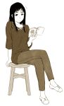  crossed_legs jas kameidou_shizuka legs_crossed pants reading sitting soredemo_machi_wa_mawatteiru stool 