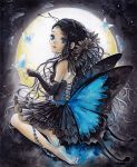  antennae barefoot black_hair blue_eyes butterfly butterfly_wings detached_sleeves face feet flower frills gothic gothic_lolita lolita_fashion long_hair moon original solo toyoda_izumi traditional_media watercolor_(medium) wings 