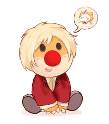 1boy absurdres big_nose black_eyes blazer blonde_hair character_request collared_jacket collared_shirt cosplay dress_shirt grey_shoes highres jacket jiaopiupiu lapels layered_sleeves light_blush loen_(shining_nikki) loen_(shining_nikki)_(cosplay) long_sleeves momo_(nikki) nikki_(series) no_humans notched_lapels open_clothes open_jacket open_mouth red_jacket red_nose shadow shining_nikki shirt shoes short_hair simple_background sitting smile solo spoken_character teeth upper_teeth_only white_background white_shirt