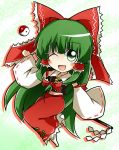  bow chibi cosplay detached_sleeves front_ponytail gohei green_eyes green_hair hair_bow hair_tubes hakurei_reimu hakurei_reimu_(cosplay) highres kagiyama_hina long_hair midriff navel nosada skirt solo touhou very_long_hair wink yin_yang 