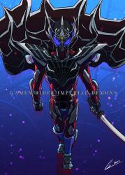  1boy 2023 absurdres armor blue_background blue_eyes bodysuit bug clenched_hand cloak compound_eyes demons_driver emeruga english_text full_body highres holding holding_sword holding_weapon kamen_rider kamen_rider_imperial_demons kamen_rider_revice katana red_bodysuit revice_forward:_kamen_rider_live_&amp;_evil_&amp;_demons second-party_source shoulder_armor silk simple_background spider spider_web standing straight-on sword weapon 