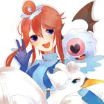  1girl blue_eyes crop_top fuuro_(pokemon) gloves grin gym_leader hair_ornament open_mouth pokemon pokemon_(creature) pokemon_(game) pokemon_black_and_white pokemon_bw red_hair redhead smile suspenders swanna v wiiw woobat 