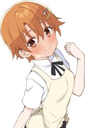  1girl apron black_ribbon blush clenched_hand closed_mouth commentary frilled_apron frills hair_between_eyes hair_ornament hairclip hand_up heart heart_hair_ornament inami_mahiru looking_at_viewer neck_ribbon orange_eyes orange_hair ribbon shirt short_hair simple_background smile solo split_mouth tareme tft_(tft7822) upper_body waitress white_background white_shirt working!! yellow_apron 