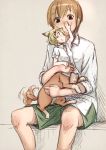  1boy 1girl animal_ears blonde_hair bottomless brown_eyes brown_hair centauroid dog dog_ears dog_tail hair_ornament hairclip monster_girl nukomasu original puppy shirt short_hair shorts sitting sitting_on_lap sitting_on_person size_difference sleeves_rolled_up tail tail_wagging 